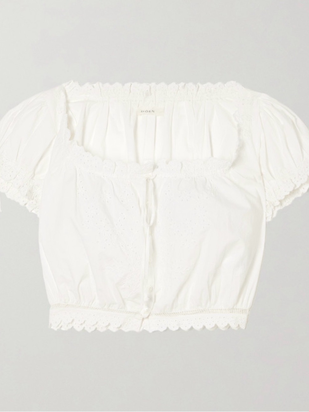Doen Nera Salt White Embroidered Eyelet Tie-Front Cropped Blouse Large - Picture 2 of 8
